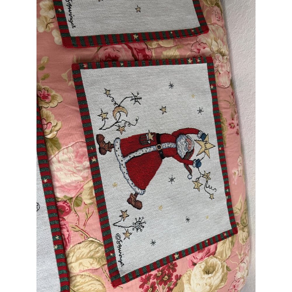 4 Vtg Santa Claus Tapestry Folkart Placemats Reversible Table top Grannycore - Picture 5 of 10